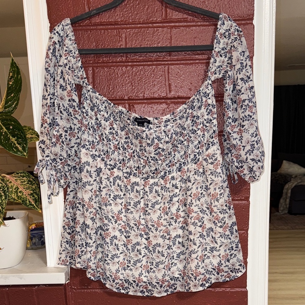 American Eagle Outfitters Floral Ruched Off Shoulder Blouse Blue and Pink Medium